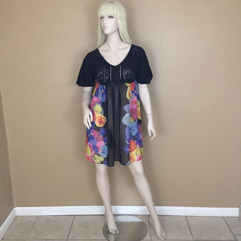 Black Floral Lace Empire-Waist Mini Dress/ Beach Cover Up